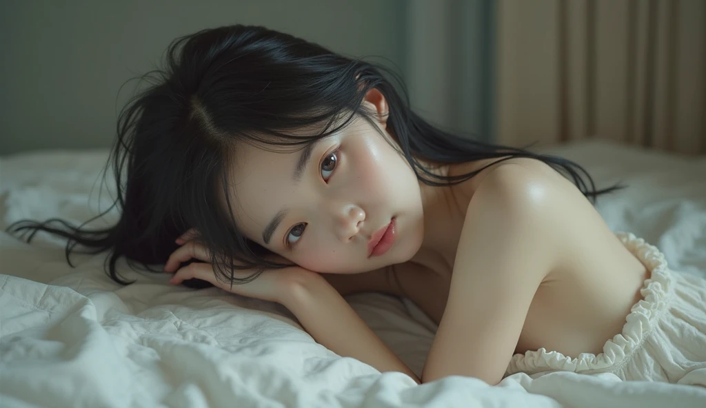 photorealistic image of a woman, ultrarealistic, photography, straight long black hair, indonesian woman, small breasts, double eyelids, bedroom, shy, naked