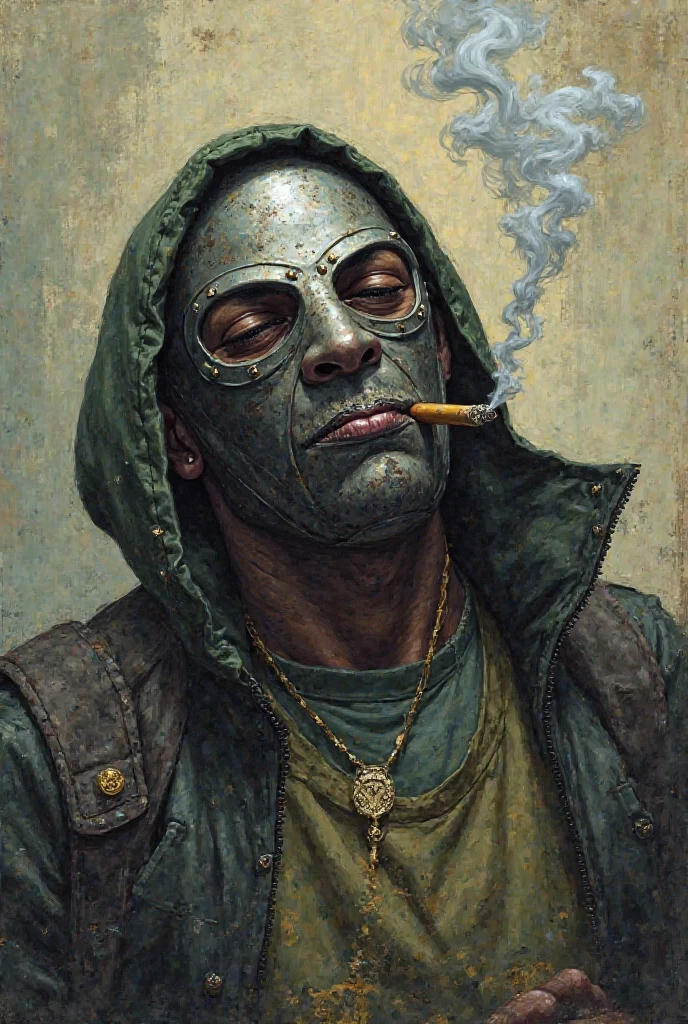 Dave McKean Style - The CORINTHIAN Daemon character Dramatic dynamic portrait Dave McKean Art Style eerie atmosphere Grimdark gritty texture,, subtle hints of gore in mouth corner, teeth in orbital sockets,,holding a revolver pistol, with smoking barrel.