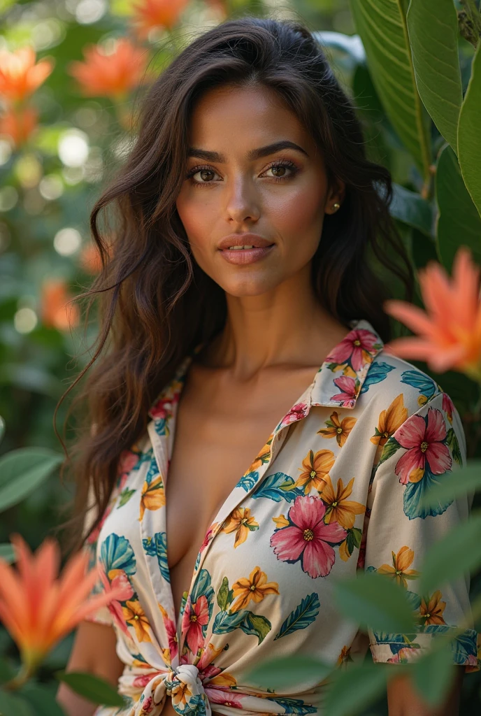 A Brazilian woman in a lush tropical garden, wearing an open shirt with a floral print, with a close-up capturing the harmonious beauty between her breasts and the natural flowers, showing off your natural charm and outgoing personality.