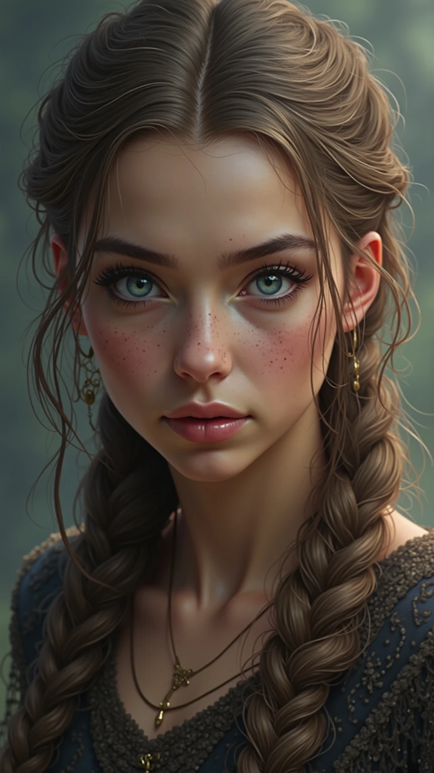 Uzbek adult about , green eyes, in uzbek national clothing, small lips and oval face shape, dark blonde