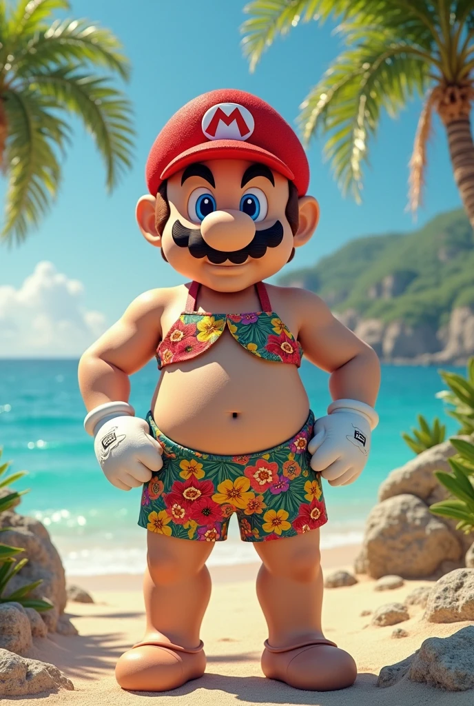 super mario, with red cap with M, blue eyes, brown mustache, brown short hair, fat body, fat arms, fat legs, fat belly, chubby, short atms, shirt legs, big feet, Nintendo style, wearing a red thong, sitting on a green float, floating in the sea with an island behind, no shirt, smiling