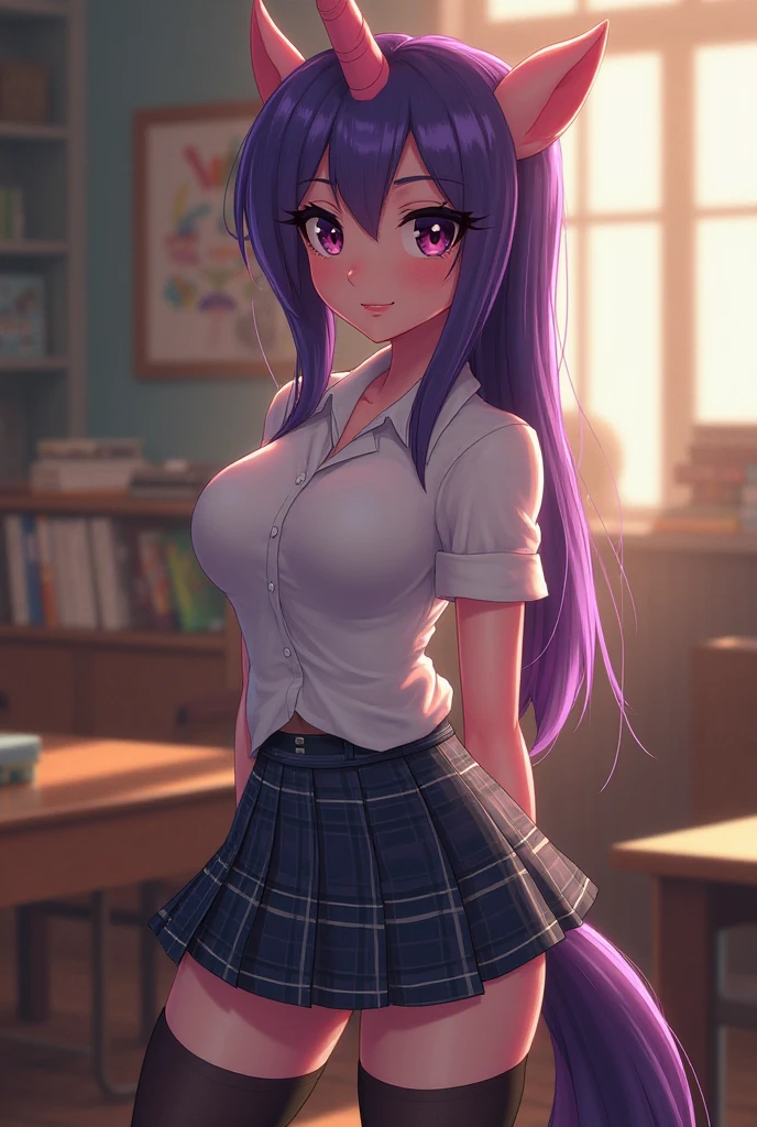 ((best quality)), ((highly detailed)), masterpiece, (detailed eyes, deep eyes), (1girl), dynamic angle, cowboy shot, mlprarity, woman, smile, looking at viewer, ((purple hair)), ((blue eyes)), naked, slight smile (indoor, classroom), uniform, pleated skirt, cardigan, white blouse, flashing breasts, ((exposed breasts, nipples)), graceful pose, removing dress, undressing, lifting skirt to reveal lace thong, panties with a bow on front, realistic proportions, woman, arched back, head tilted back, butt to camera