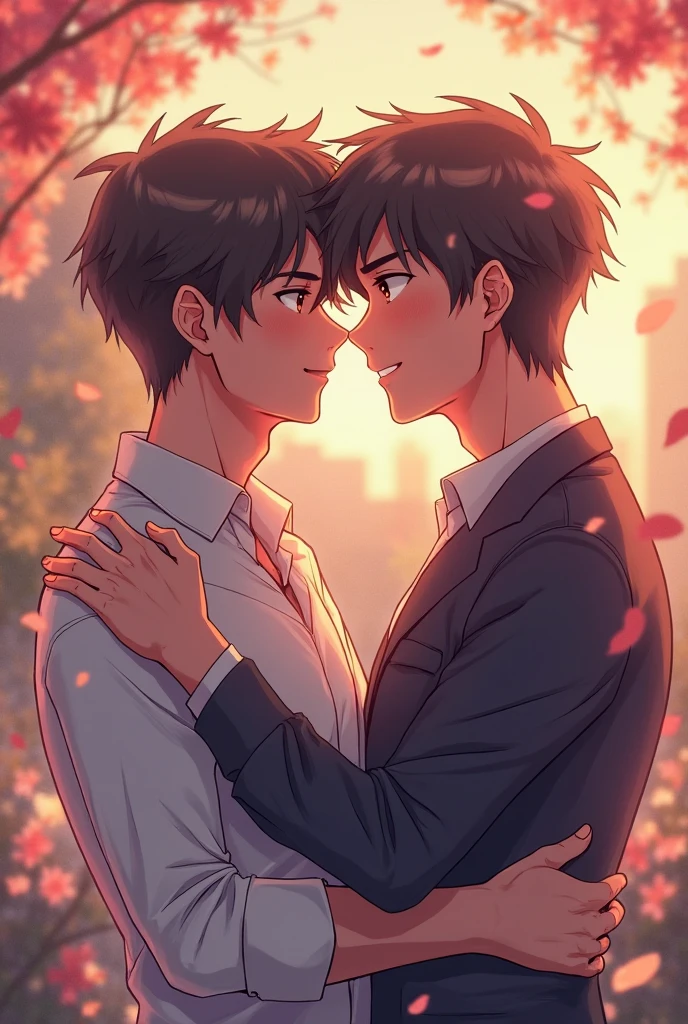 (anime)Generate an image of Akito Shinonome and Toya Aoyagi from the video game Project Sekai kissing.