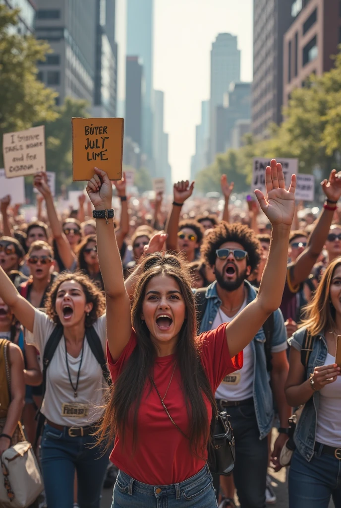"Create a high-quality, realistic image of a protest against a rape case in an urban setting. The image should capture a diverse crowd of people, including men and women of various ages and ethnicities, holding signs and banners with slogans like 'Justice for Victims,' 'End Rape Culture,' and 'No Means No.' The expressions on their faces should reflect a range of emotions, from anger and determination to solidarity and empathy.
The crowd is gathered in a busy city square, surrounded by tall buildings. Some protesters are holding candles, symbolizing hope and remembrance, while others have fists raised in the air, showing unity and resistance. In the foreground, a young woman is seen passionately speaking into a megaphone, her face resolute, with tears in her eyes, showing both pain and strength.
The background includes more protesters holding signs and some waving flags. There is a large banner hanging from a nearby building that reads 'End Violence Against Women.' The atmosphere is charged with energy, yet there is a sense of collective grief and a call for justice.
The lighting is dramatic, with a combination of natural light from a cloudy sky and artificial street lights. The colors in the image are predominantly dark and somber, with shades of grey, black, and deep red, creating a serious and intense mood. However, the light from the candles and some signs provides a stark contrast, symbolizing hope amidst the darkness.
Include elements like police barricades in the distance, a few media reporters capturing the scene, and a large digital clock on a building showing the current time, adding a sense of immediacy to the moment. The overall composition should convey the gravity of the situation and the powerful emotions of those demanding justice."