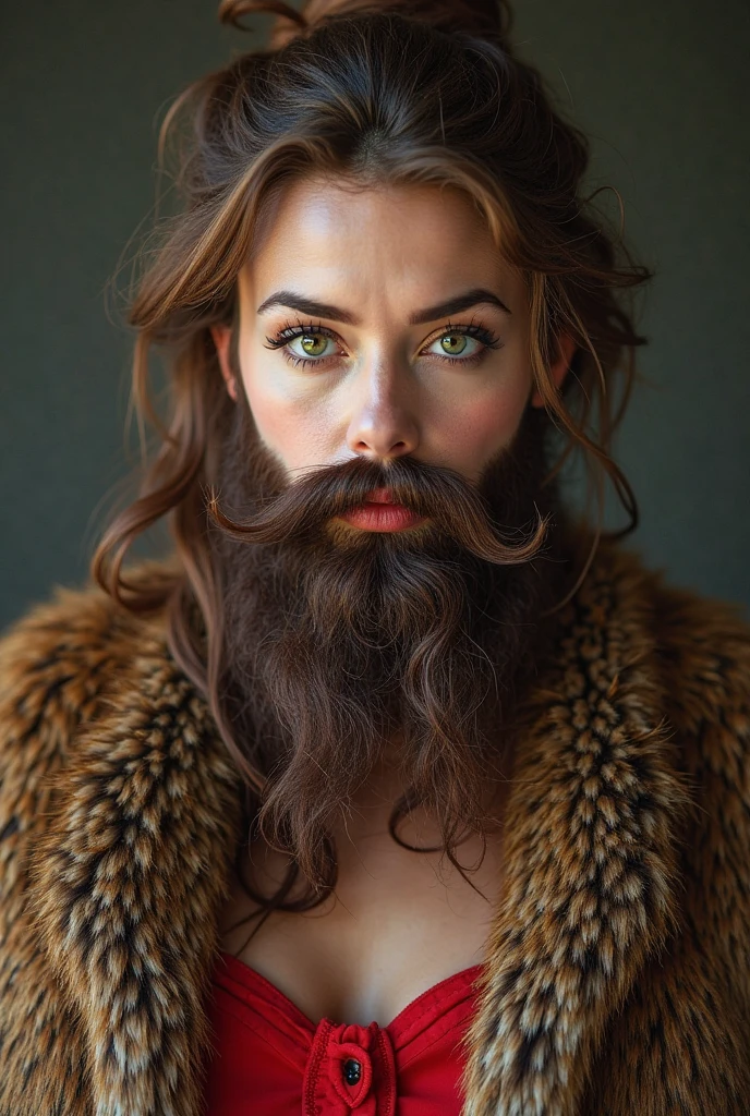 hairy bearded lady brune beard, blonde hair, hairy chest, style pin up