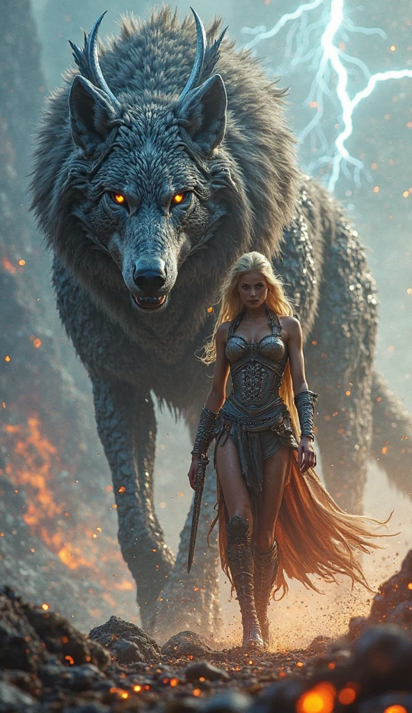 (tmasterpiece), (topquality), (more detailed), (8K), (电影灯光), (Sharp focus), (Precise Anatomy), (photo realism:1.5), (Fantasy art), Epic Movie Poster, Beautiful woman and wolf, raised by a wolf beautiful woman riding on the back of a wolf, The wolf approaches the viewer with a kind muzzle, Meeting face to face, A woman with a beautiful face, woman nsfw, Detailed face, Happy Look, perfectly proportional breasts, big breastes, skinny waist, bellybutton, large tities, thights, blond hair, blonde woman, hairlong, On the way to battle, girded with silver thread, Wolves have a large body, ferocious, (Correct anatomy), (A sense of speed:0.8), (Background Blend:0.8), (Windy storms:1.1), dramatic  lighting, thick fog, Fog of the Abyss, universe, Orion Nebula, star universe, Very bright morning sunlight,