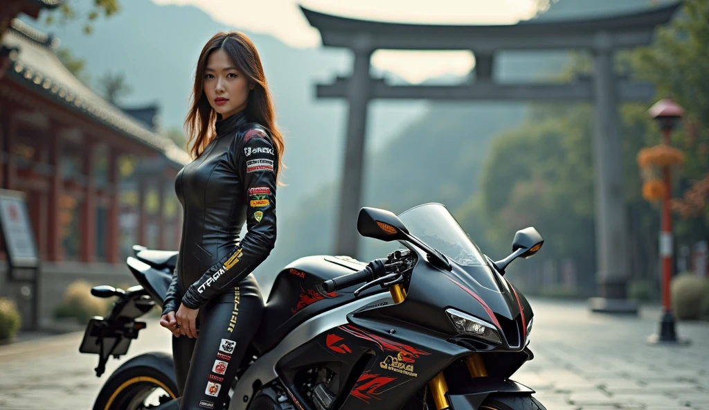 (Mastpiece), Full body shot of a cute young woman in a hijab from Japan, as she confidently rides an old traditional, shiny metallic silver motorcycle at the bustling wharf. Her glamorous shape is accentuated by the wind in her shoulder-length, shiny smooth light brown hair. She wears a leather black riding jacket, long black jeans, and a glossy satin red bikini underneath, paired with leather black riding gloves, leather black pants, and leather black high heel long boots. The contrast between her modest hijab and the edgy biker outfit adds an intriguing allure.

As she gazes out at the night view over the sea