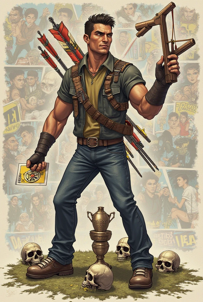 Frankenstein monster, grey skin, muscular, masterpiece, full body view, distressed clothes, shirtless, black pants, oversized boots, angry face, bolts on each side of neck, chains around a wrists, standing straight, ((masterpiece)), card game artwork,