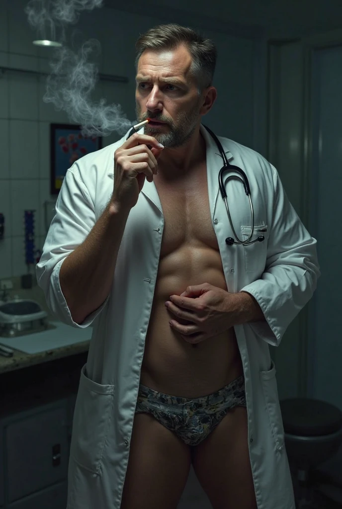 Masterpiece, denoise, void noise, five men, best quality, 8k resolution, male focus, focus only, amazing composition, volumetric lighting, super quality, elegant, Very detailed, front view, -----------, 35 years old, mature face, muscular, (((Caucasian white man, white skin:1.5, pale skin))), handsome, (detailed light-blue eyes), ((dark black hair)), big ears, (extremely hairy:1.7), (scruffy beard:1.5), (((((Jim Sturgess mixed with Russell Tovey))))), (((pink nipples))) ------------, ((((brown trousers)))), (((white lab coat))), (((furry hairy pectorals))), (((Opening lab coat))),