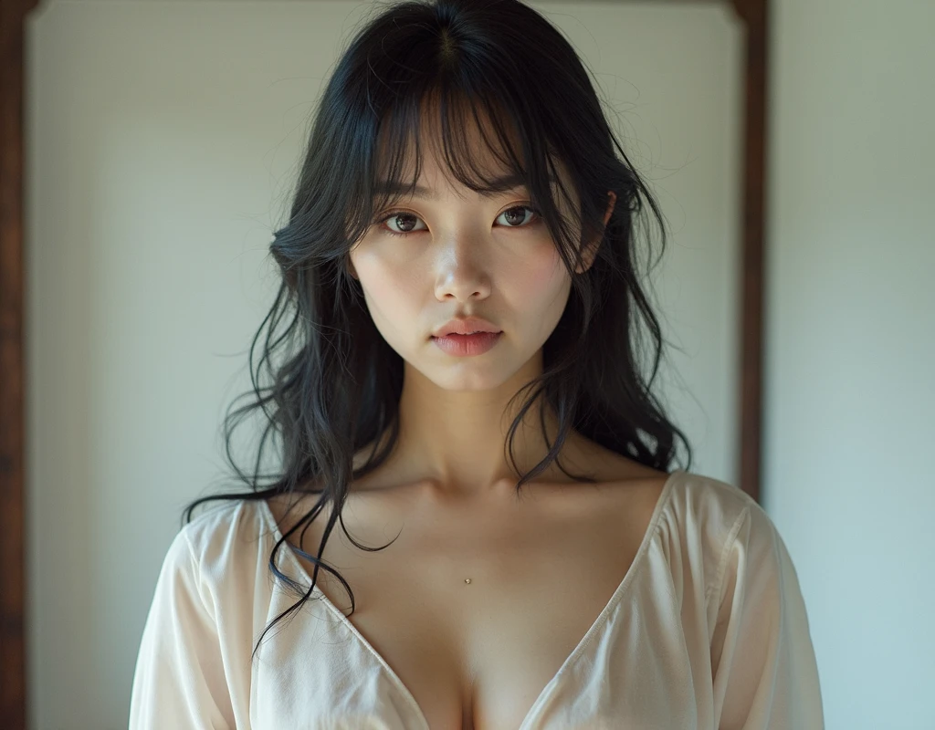 1girl, realistic, eye and face details, full lips, lipstick, face hd, Asian woman with black hair, hip-length hair, long hair, coreana, asian features, young cute wan asian face, Ulzzang, asian face, a young Asian woman, asian, AESPA,wonyoung, wonyoung IVE, black hair, long black hair, blurry background, hoooooyeony, HoYeon Jung, busty famele, girl with bangs, big, serious girl, Lee Su-hyun, big breast, seductive and erotic girl, small eyes, asian eyes, long hair, attractive girl (( pechos grandes )), 18 years, korean, attractive, cleavage, huge chest, outside home, room, she's in bed, it is night, she has bangs, detailed clothing, big tits, cute pose, IVE, night lighting, wet clothes, pijama, short pijama, wet body, detal clothing, wonyoung del grupo de kpop IVE