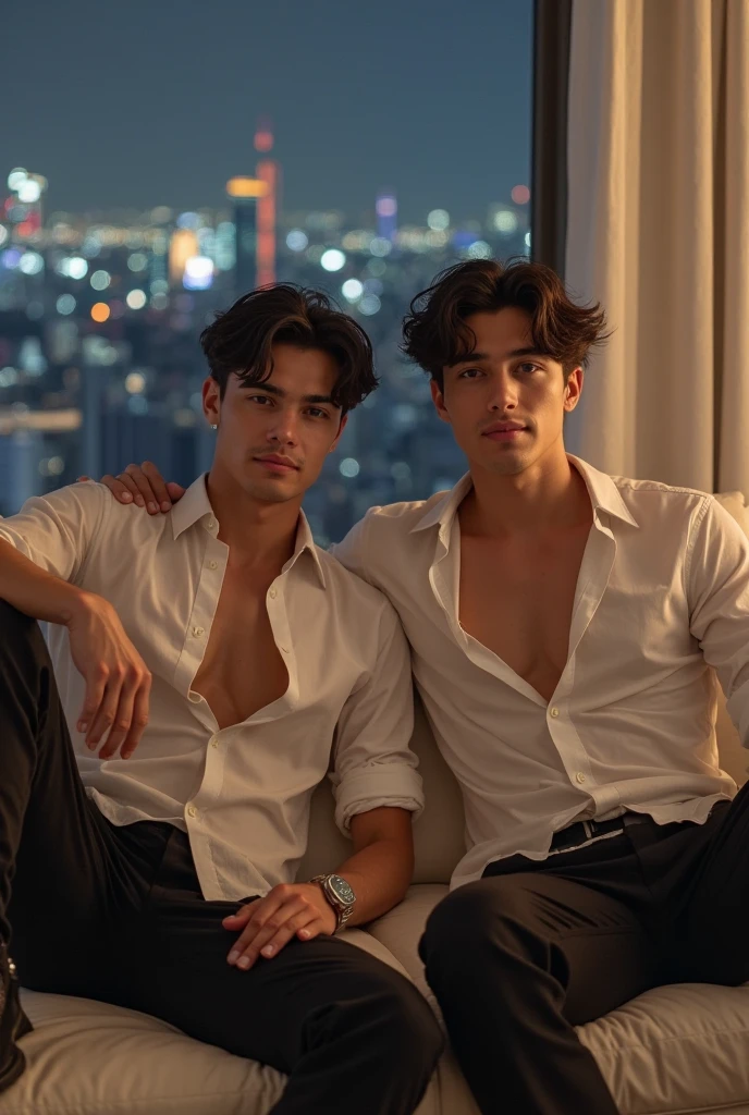 In this breathtaking artwork, miniature doll-sized male models, inspired by the iconic supermodels Sean O’Pry and Lucky Blue Smith, take center stage in a vibrant scene reminiscent of a Ken doll fantasy. With jointed doll features and porcelain-like skin, these charming figures boast an irresistible blend of sophistication and natural beauty.
Sporting short silver-gray undercut hairstyles, Standing adorned in a white top t-shirt with sweatpants with semi bulge, an embroidery-detailed kimono robe, he exudes sophistication and elegance against the backdrop of a luxury bedroom. The room is adorned with 1915 Oriental theme, surrounded by luxury exotic furniture, velvet drape curtains, and colorful wildflowers, creating a vibrant and enchanting atmosphere.
Captured from a dynamic angle, over shoulder look photo showcases the models amidst the meticulously arranged Employing three-point lighting and incorporating 3D animation shadows, the photographer enhances the models' features, resulting in an image of unparalleled realism and detail.
Photographed with a Fujifilm XT3 by a professional fashion photographer, the artwork boasts high definition and impeccable quality. From the soft, natural light to the intricate details of the surroundings, every element contributes to the overall romantic atmosphere and lively background.
With its dramatic composition and seductive lighting, this masterpiece invites viewers to immerse themselves in a world of charm and sophistication. It celebrates the beauty of the male form while capturing the essence of a fun-filled day, where joy and relaxation abound.
