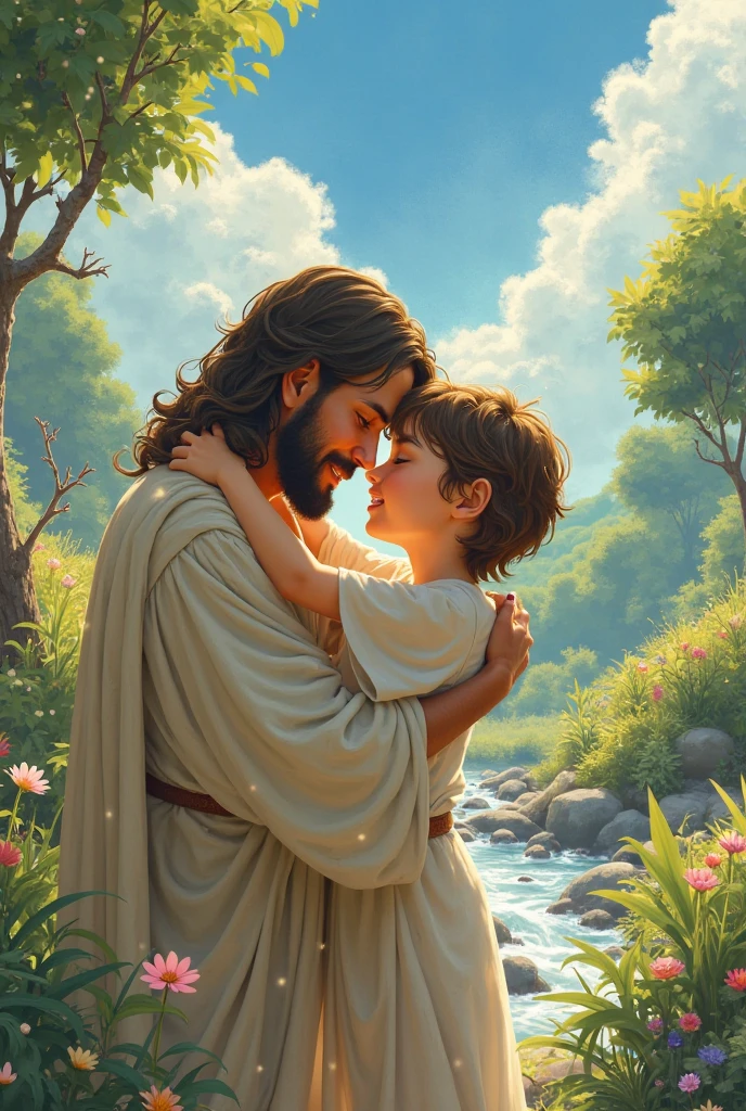 A boy is sitting on the ground in a forest, crying out of sadness and frustration. Jesus Christ is embracing the boy, comforting him. The setting is a forested area.