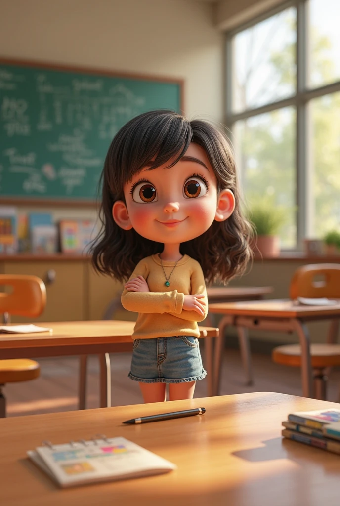 (skinny, cute, freckled, tanned, redhead, tiny girl Lv 9), bob cut hairstyle, blue eyes, wink, flat chest, small perky butt, piercings, beaded necklace, pink cap, white tank top, denim shorts, pink sneakers, sassy smile, sitting at a table in a cafeteria, 3D Pixar cartoon style, cinematic, dramatic, masterpiece, dynamic view, full body,