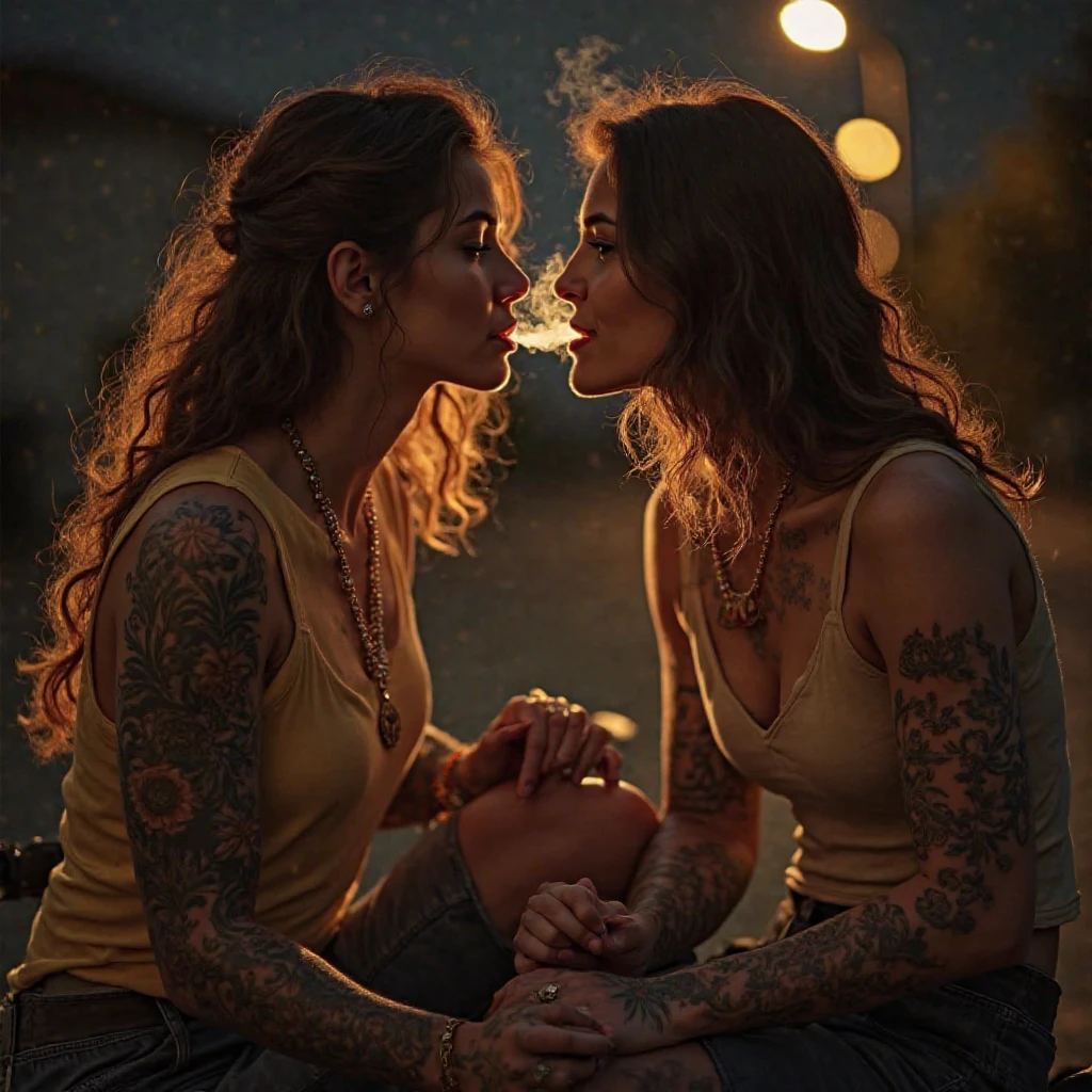 cyber cafe at night in the pouring rain, two Asian women with tattoos short red messy hair long braided black hair sit at a table with spilled wine kissing each other