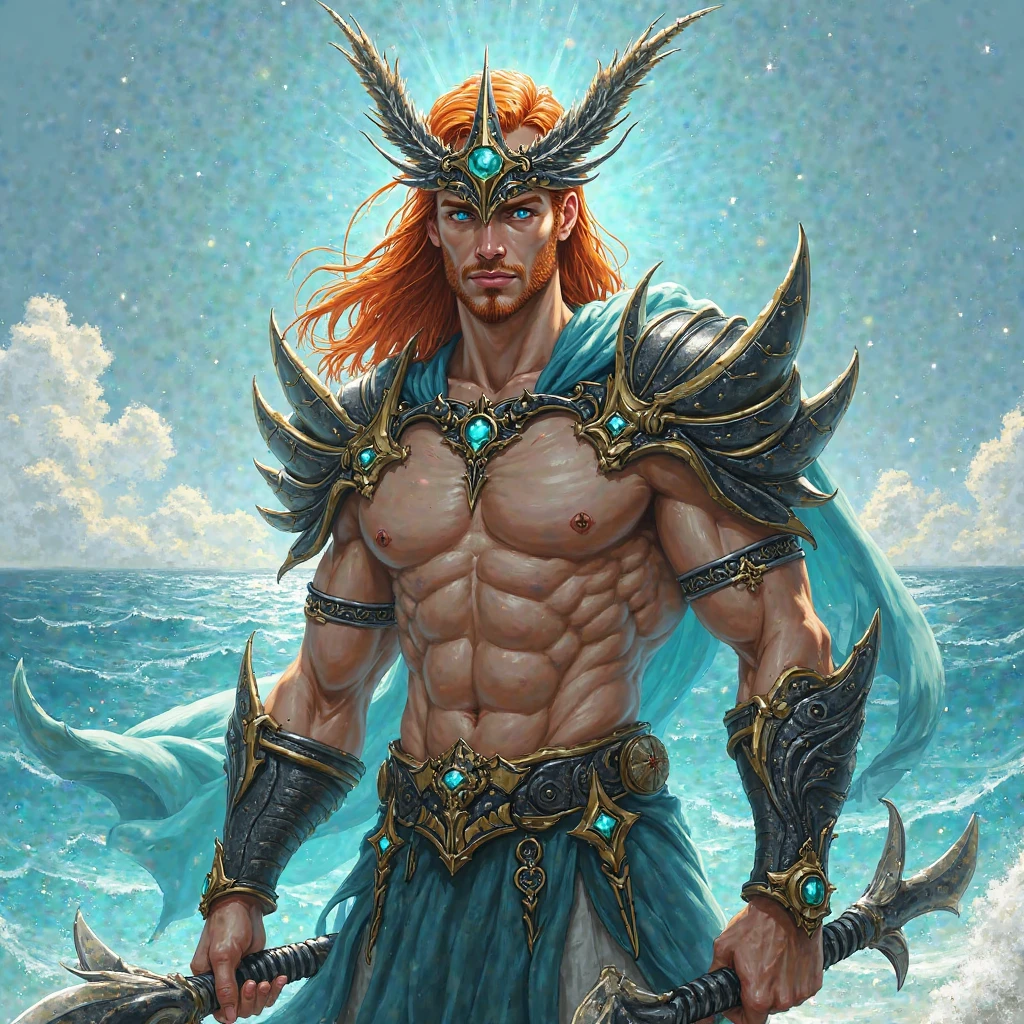 A Merman pirate with emerald scales wearing coral and leather armor. Long seafoam colored dreadlocks with shells in them. He is wielding a crackling trident. Infectious mirth bubbling from his lips. At the helm of a ship  david lachapell

Detailed, 8k, seafoam blue and pink color palette, human-like sea creature