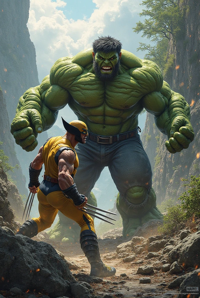hulk vs wolverine facing each other, in the forest facing each other movie scene