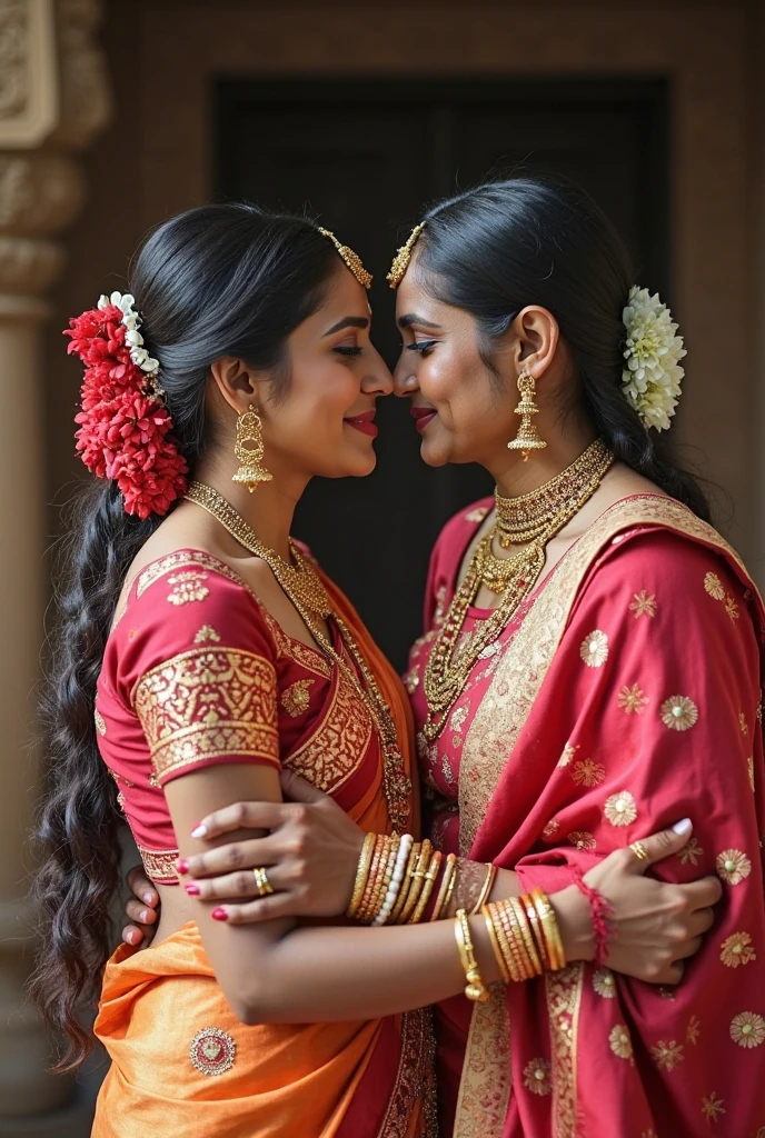 Two indian girls with one guy age 19 fair color indian dress hug pose