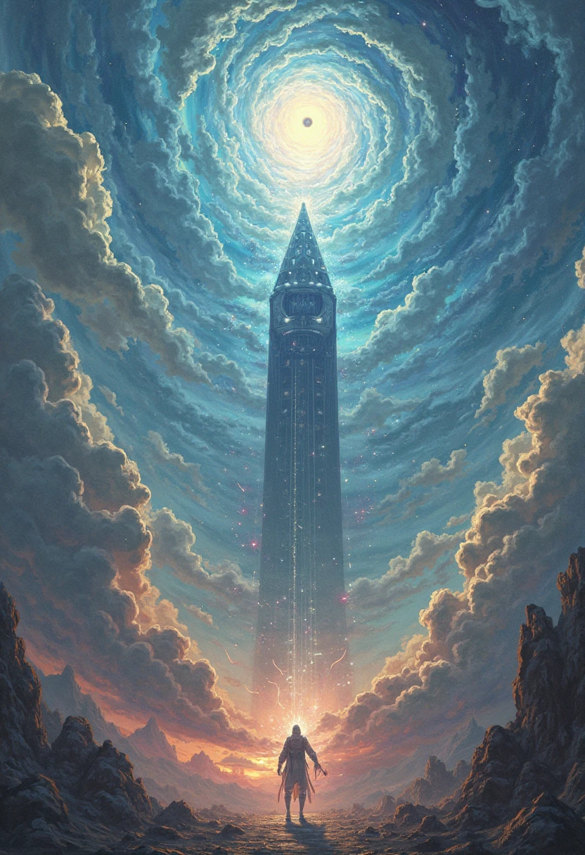 Clash over a constantly evolving sky: The camera moves away to reveal an infinite sky, full of changing colors and billowing clouds of energy. The sphere and the pyramid are barely visible in the distance, moving with impossible speed as they draw lines of motion between swirls of light and bursts of supernatural wind. Inclined perspectives and scale games reinforce the feeling of epic battle.