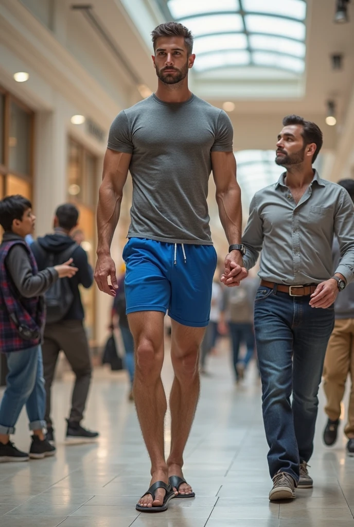 ultra photorealistic image, masterpiece, 8k, high resolution, best quality, ultra-detailed), 1 man and a woman together in the photo, the man is very tall, single, one person, bodybuilder, hot, perfect elongated face, handsome, bald, deep, detailed eyes, bald , shaved head, perfect body, 30 years old, muscular, very tall, pale skin, white skin, very tall (he is about 6 feet 5 inches, very muscular, smiling, sexual, winner, poses as a model, during the day, has light bright and dynamic sun, poses in a park with many trees and flowers, comfortable clothing, casual clothing, shirt, camisole, designer shirt, shorts, blue sneakers, all clothing Perfectly covers the extremely muscular body of the bodybuilder The man near the woman looking at each other, the man is taller than the woman A woman: Next to her is an Asian woman with a wavy face, smiling, long straight hair with curves at the ends, dressed in a pink t-shirt with short jeans, white socks and pink tennis shoes.