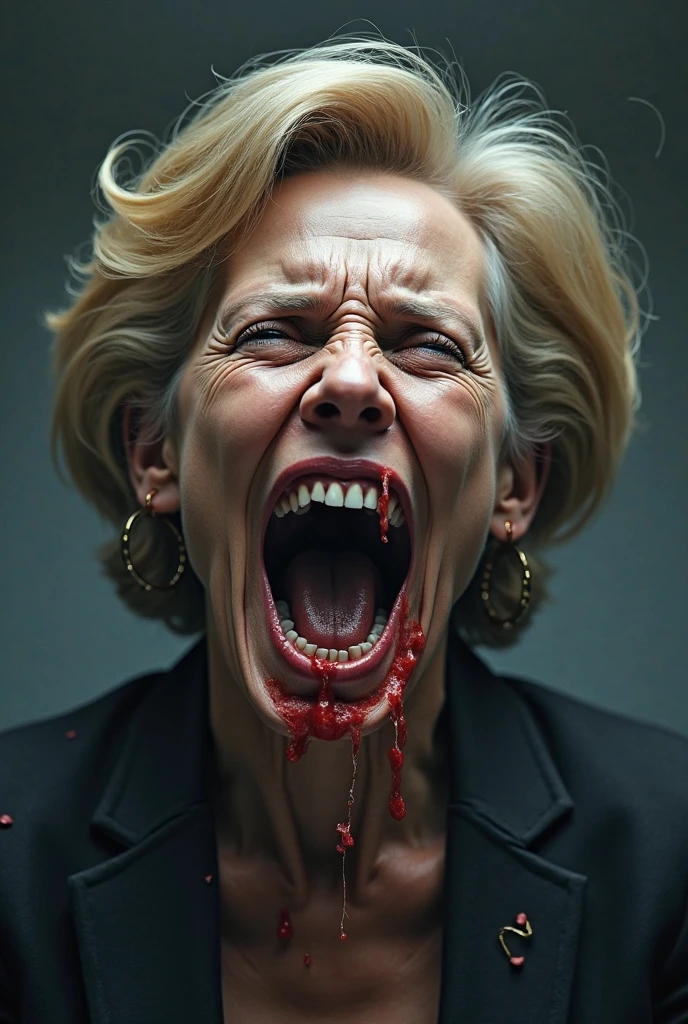 A horrifying picture of an old grandmother grinning, her mouth ripped from ear to ear, terrifying, disgusting, eyes popping out of their sockets, maggots, blood all over her body, bones visible, sharp teeth, flies swarming in, disgusting and rotting. High resolution, realistic images