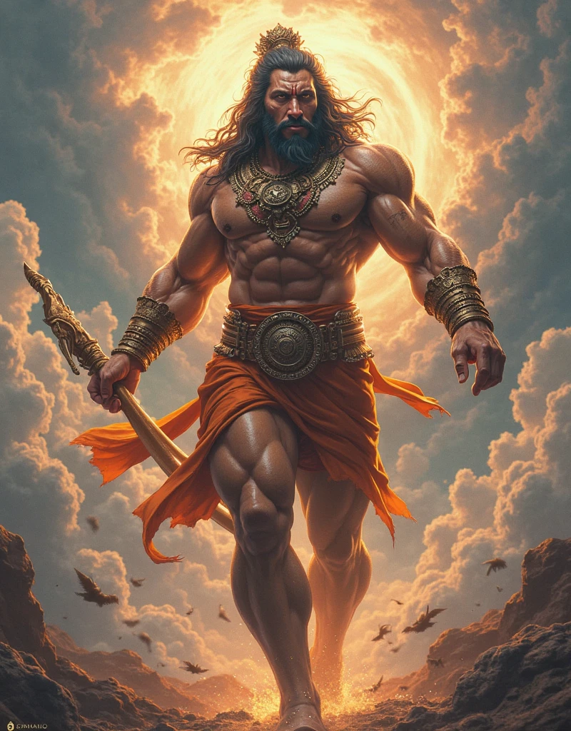 Lord hanuman with his thunder power of God of Hinduism with his weapon and thunder background