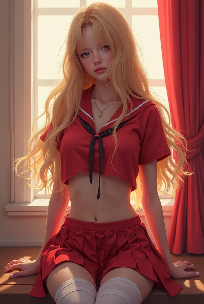 rebellion,red_skirt, school uniform, black_Good, underwear,lingerie,midriff,red_sailor_collar,((Girl lying in bed))、A beautiful and moving woman, in an elegant pose, her full breasts on display.,Visible cleavage,Sexy long legs,Her long hair cascades down her shoulders like a waterfall。She smiles radiantly,Eyes sparkle,Her skin is flawless。Her curves are highlighted。Sparkle in the light,The colors are soft,Perhaps in shades of light pink or lavender。She lay confidently,One hand on hip,Her posture is both graceful and strong。She wears elegant high heels,Goes well with her outfit。In the warm golden sun。The overall atmosphere of the image is tranquil and uplifting,Emphasizing natural beauty and elegance, Studio Lighting,Bright colors, Sweet maiden, sweet smile, make up,shy,Blush,Parted lips,Heavy breathing,moan,Surrealism,Realism,Movie Lighting,Relief,Sony FE GM,Retina,masterpiece,precise,Anatomically correct,Textured Skin,Super Detail,High Detail,best quality,rich and colorful