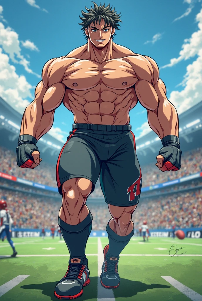 Robust champion man, torso exposed, legs bare from thighs to feet flowing long curls, meticulous muscle definition, lifelike representation, 4K resolution. Background: Stadium filled with cheering spectators,32k uhd, best quality, masterpiece, super detail, high details
