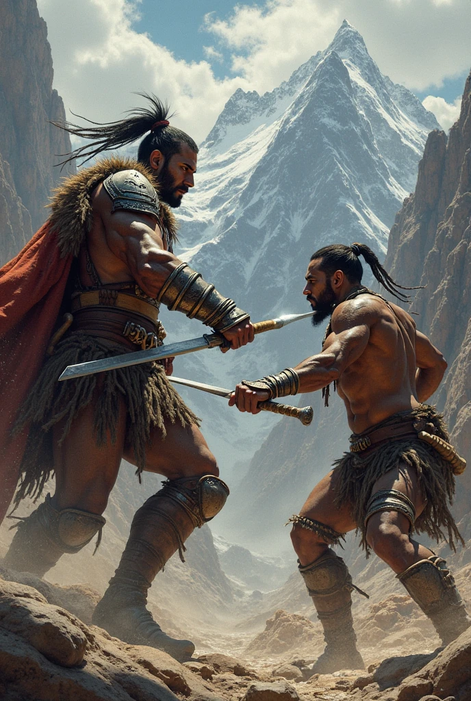 Really tall Goliath buffed body, black hair, battle scars, black eyes, war paint, holding bloody battle axes, surrounded by dead foot soldiers, during a sunset