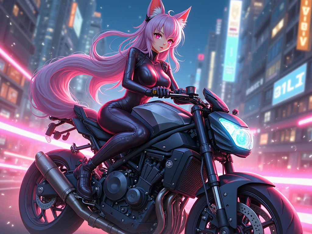 I imagine this girl with a futuristic appearance and full of mystery. Her body is wrapped in a purple and black bodysuit., Shiny chains intertwine around his arms and legs, as if they were metallic tattoos. The three-strand necklace, with its digit-shaped padlock, It is their symbol of submission and devotion. Her red hair falls in waves over her shoulders., and his green eyes flash with a mixture of passion and obedience. The black dress fits her curves, enhancing her voluptuous figure. Each chain that tightens around her skin is a reminder of her role as a beloved slave.. In the dark garage, the girl prepares for her master. The cyberpunk motorcycle awaits, its shiny surface reflecting the neon lights of the city. The cat-shaped helmet gives it a mysterious look, and the tail that extends from the back of the seat seems to have a life of its own. She rides the motorcycle with grace, speeding into the night. The wind whistles in his ears as he walks through the dark streets, ready to carry out her master's orders. In this futuristic world, where technology and passion intertwine, she is his slave, your confidant and your lover. The girl with chains and a cyberpunk motorcycle is an enigma, a mixture of desire and bondage. Its story unfolds in the twinkling lights of the city, and his figure becomes a legend in the night streets.