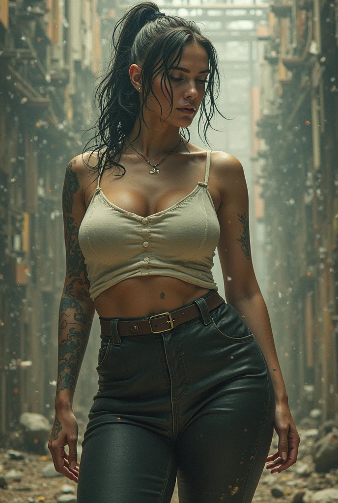 Zoya, perfect lighting, extremely detailed CG, 1girl, breasts, earrings, jewelry, makeup, medium breasts, necklace, shorthair, solo, tattoo, arm tattoo, silver hair, wet, standing, pants, crop top,((masterpiece:1.2, best quality, high resolution, distinct image)), Zoya from path to nowhere, muscular female, sharp eye, tattoo, perfect lighting, big breasts, bright white hair, black lips