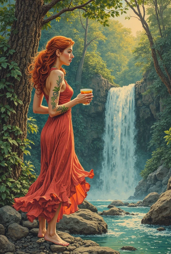 sexy girl, braided red hair, in panties, sitting on a terrace overlooking a big jungle and a waterfall, drinking coffee, sunrise, lake, big landscape (art inspired by Bill Sienkiewicz). oil painting)
