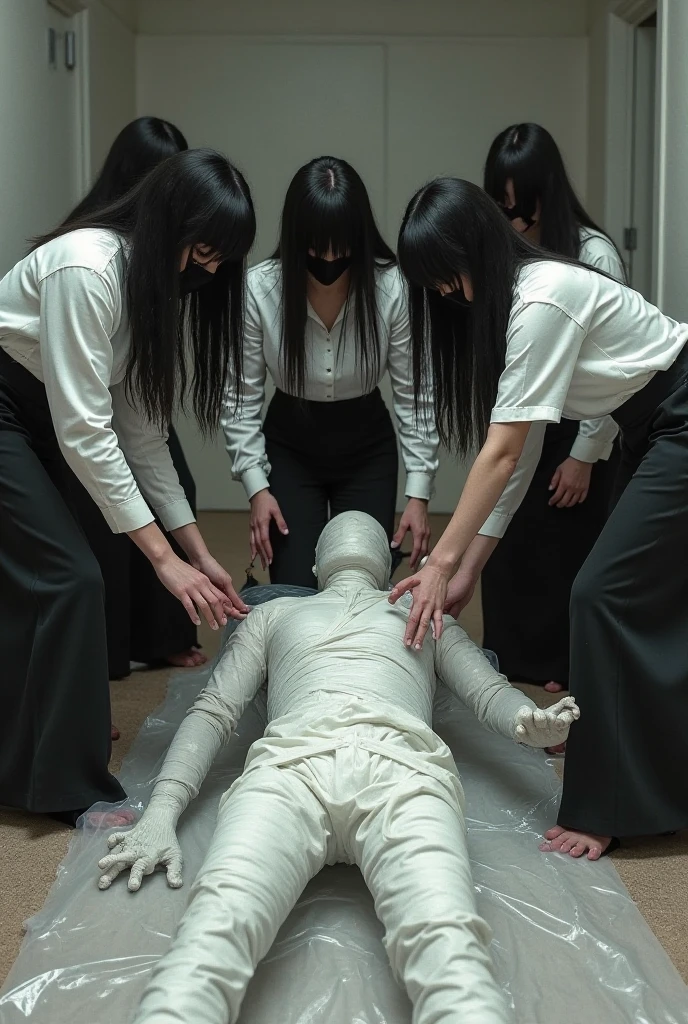 korean girl, (behind corpse, blood splatter), surgical mask, holding knife, stabbing, black raincoat, leather gloves, trucker hat, room full of blood, short hair, holding knife, leather gloves, behind corpse, night, mass murderer, robbery, in the hotel,
