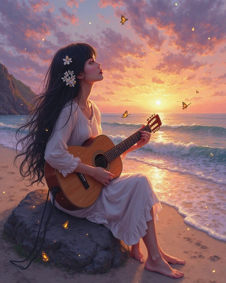 um anjo tocando trombeta, ao lado de um homem feito de estrelas e universo, A Melted Watch, sun sunset, nuvens brilhantes, montanhas ao fundo, oil-painting, realismo, pintura renascentista. --auto --s2