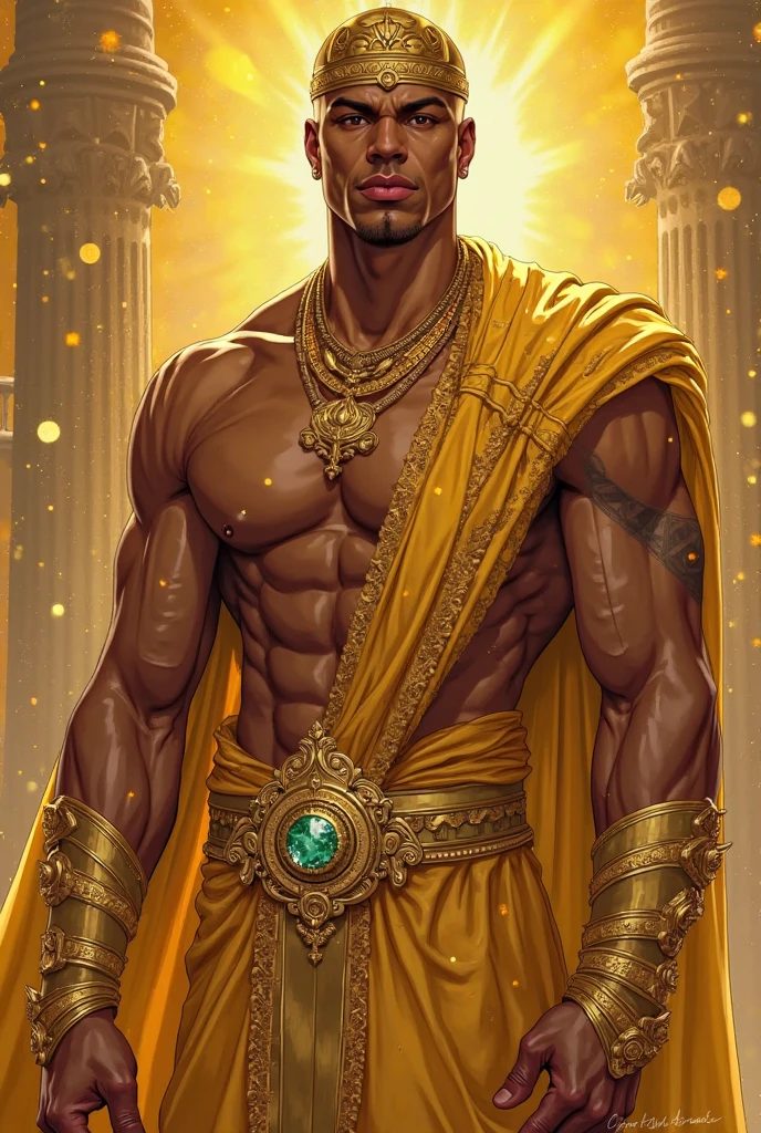 Create an afro anime style image of Orixá Xangô. See the detailed description below for guidance:
General Features:
Physical appearance: Xangô is portrayed with a strong and muscular body, symbolizing power and authority. your skin is a deep brown tone, and your eyes shine with intensity and determination.
body hair: body hairs longos e trançados, with some braids adorned with small beads or shells.
expression Facial:
expression: His expression is determined and imposing, reflecting his nature of justice and strength. He has a confident and powerful appearance, with a slight smile of defiance.
outfit:
tails: He wears a copper crown, elegant and at the same time rustic, adorned with precious red stones that shine brightly. The crown has a traditional African design, but with a refined touch.
overskirt: A wine-colored velvet skirt, with white leather details. The skirt is richly detailed, reflecting the majesty of Xangô, and has a fluid movement that gives a feeling of dynamism.
pants: under the skirt, he wears loose white pants, that provides movement and comfort.
Accessories:
ax: In one hand, he holds a double-headed ax, with blades that are on fire, symbolizing his power over fire and justice. The ax has a traditional design, but with details in copper and gold.
collars: On your neck, there are necklaces made of seed beads and cowrie shells, representing connection with nature and spirituality.
wristbands: Em seus pulsos, he wears copper leather bracelets, decoradas with white leather details e cravejadas com búzios.
ankle bracelets: He also wears anklets that complement his bracelets..
bare feet: Xangô walks barefoot, in direct contact with the earth, symbolizing your connection to the natural world.
styled:
Afro Anime: The image should mix traditional African elements with a modern anime touch. The art style must capture the divine and powerful essence of Xangô, with dynamic lines, co