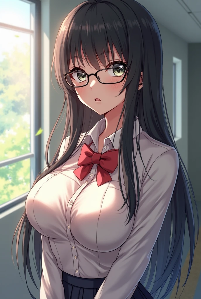 1girl,alone, chisato Hasegawa,( 4k detailed), (masterpiece), (ultra quality), (ultra detailed), (best illustration), (best shadow), (extremely detailed), (absurdities), (detailed background) ,standing, large breasts, medium waist, wide hips, medium thighs, round butt, room, bedroom, glasses, alone, long hair, red-rimmed glasses, half-rimmed glasses, brown hair, antenna hair, white shirt, turtleneck shirt, open shirt, green bra, black pantyhose, green thong, full body, green eyes perfect anatomy, perfect hands, sexy body, looking at viewer, from the front, focus on breasts, point of view (front), innocent smile, night, perfect anatomy, perfect hands, blush