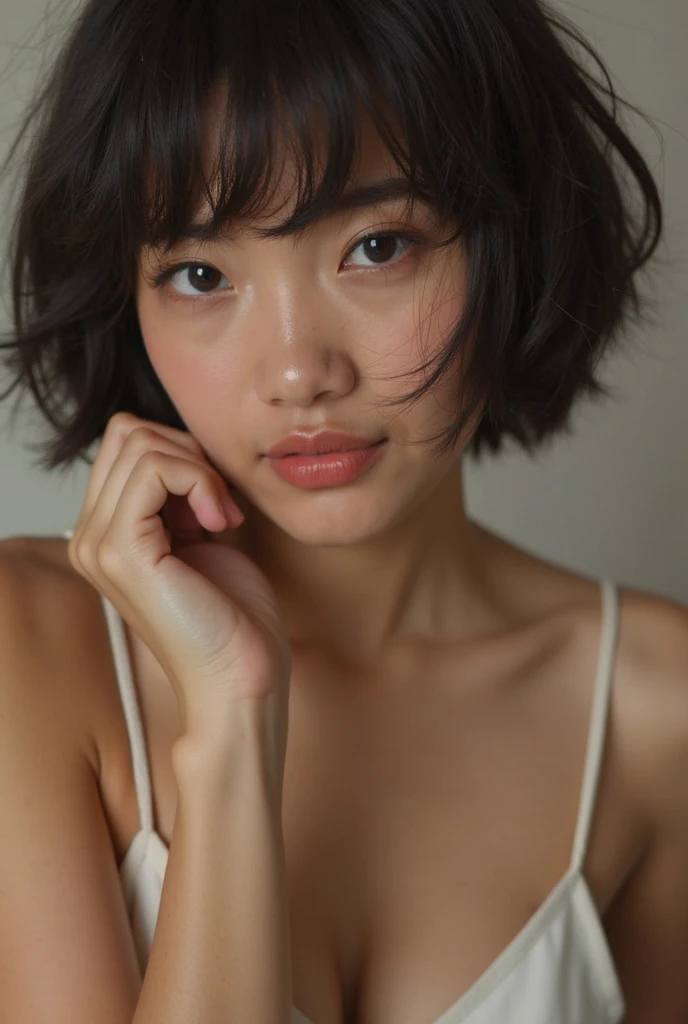 Realistic Photography, Beautiful Young Female ,Short hair ,river, extremely delicate and beautiful},Outstanding light and shadow, highly detailed wallpaper,Clear and bright sunlight, taking a selfie