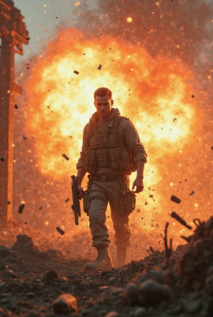 [Battlefield] photo of a [27 yo man], [professional soldier], [camouflage uniform], [defensive position], [smoke and explosions], [European setting], [late afternoon dusk lighting], [high camera angle], [long zoom lens medium format camera], in the style of [Apocalypse Now]
