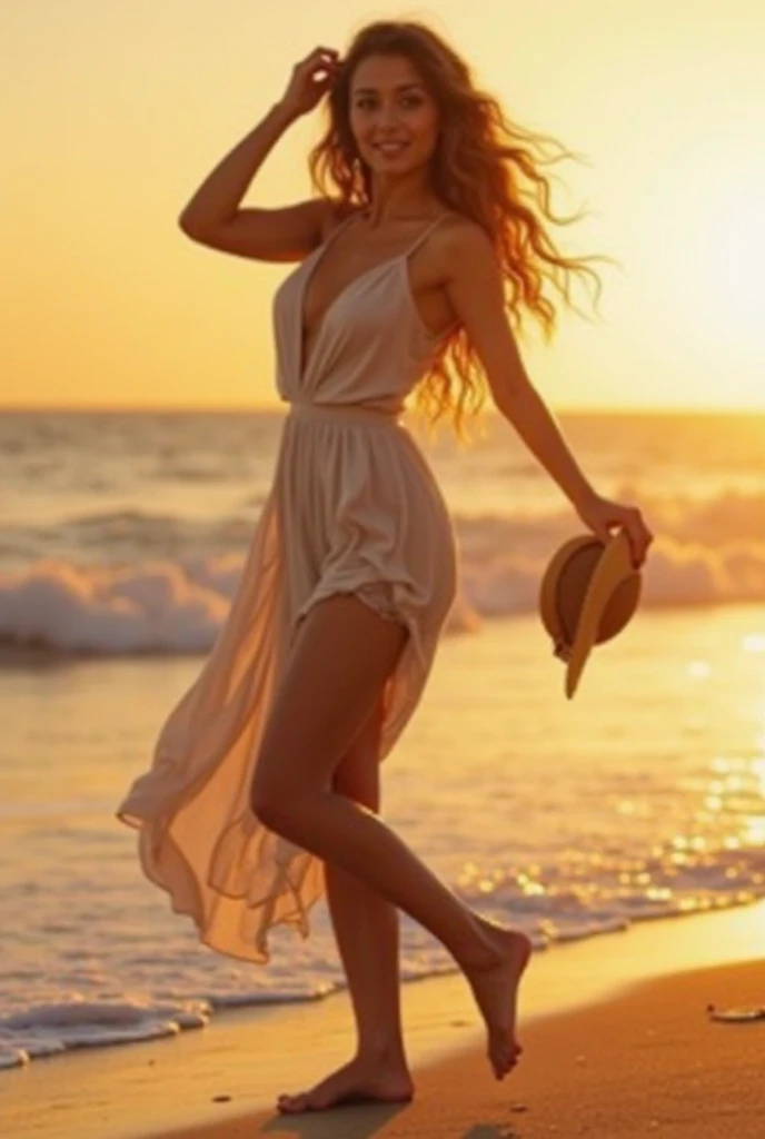 Golden floral bikini with a beach shirt (breastsout), slightly turned and looking at the camera, smiling and ready to give you a kiss, at beach, She's standing in the ocean, golden hour time, realisitic, work of art, highest quallity, Lens flare, ombre, blossom, [[Chromatic aberration]], golden hour time