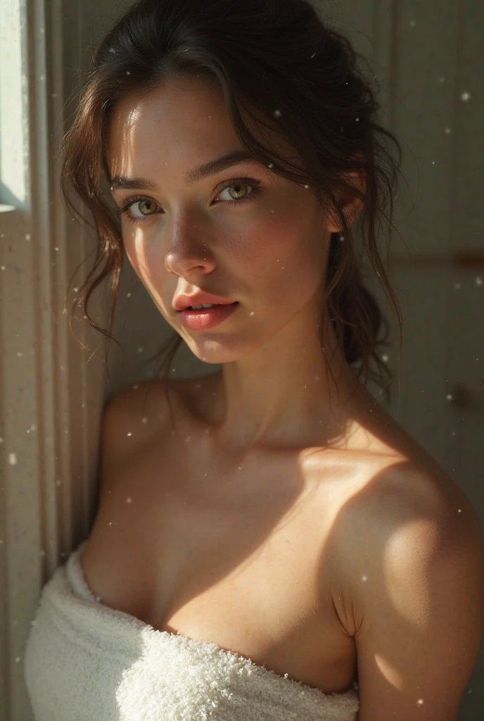 (A woman standing in a bathtub, beautiful detailed eyes, beautiful detailed lips, extremely detailed eyes and face, long eyelashes, photorealistic, photo-realistic:1.37, digital painting, masterpiece:1.2, 8k, ultra-detailed, hyper realistic, realistic lighting, warm colors, cinematic lighting, dramatic lighting)