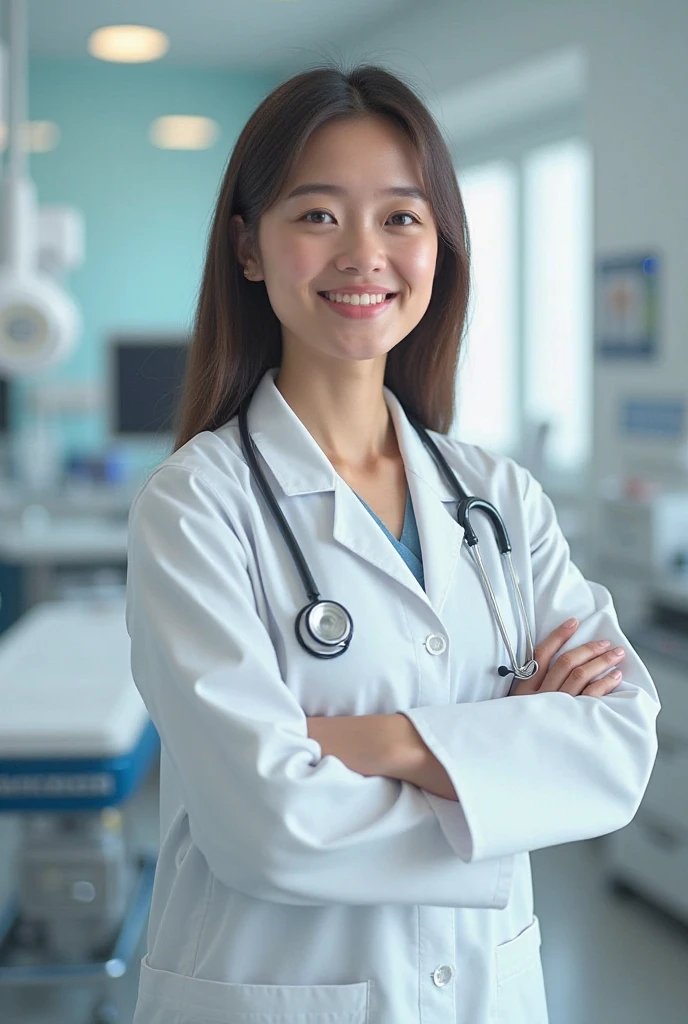 Photorealistic, high resolution, High resolution,Japan Beautiful Nurse, 44 years old, Mature Woman, Smile, White Lab Coat, whole body, hospital, ward
