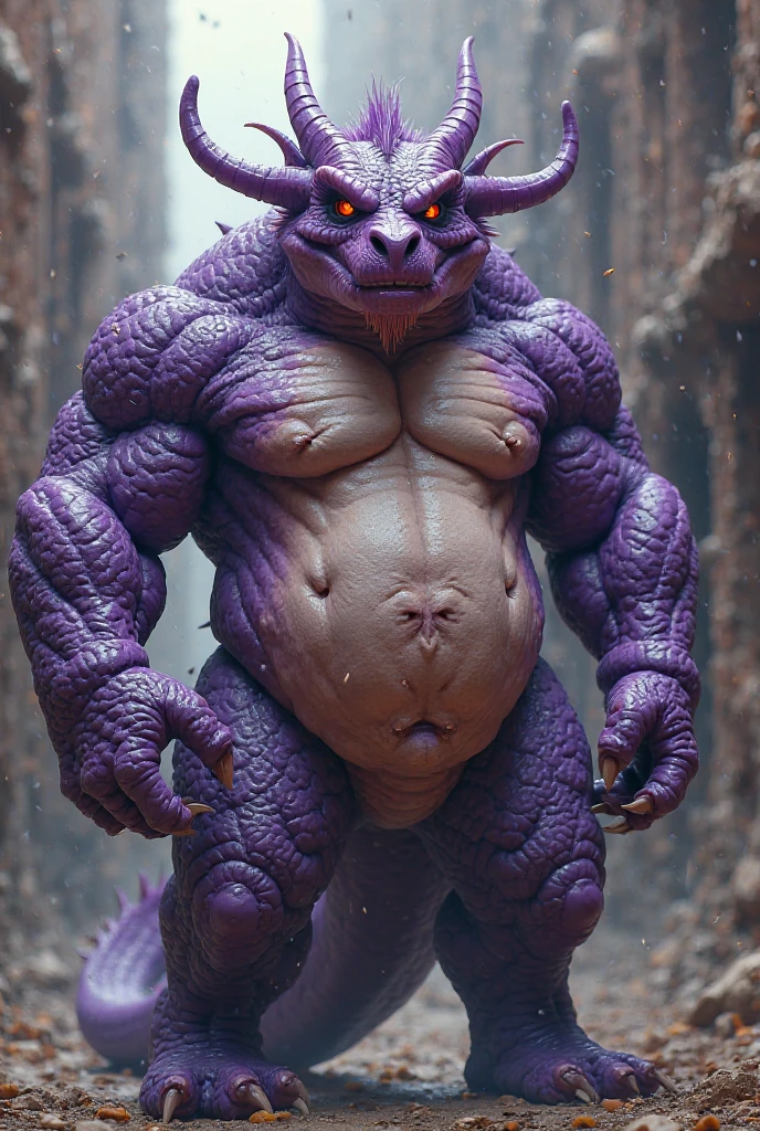 Very muscular male dragon、Purple scale dragon、Crocodile-like scales、Composition looking up from diagonally below、Hands touching belly、Very huge poop、A pile of hard feces so big you can't see her crotch、Large amounts of hard stool、Sharp toenails、Face facing up、Roaring crocodile face、Anime-style crimson eyes、Armpit Hair、chest hair、pubic hair、Wide open mouth expression、A body that fills the screen、basement background、Hard mud background