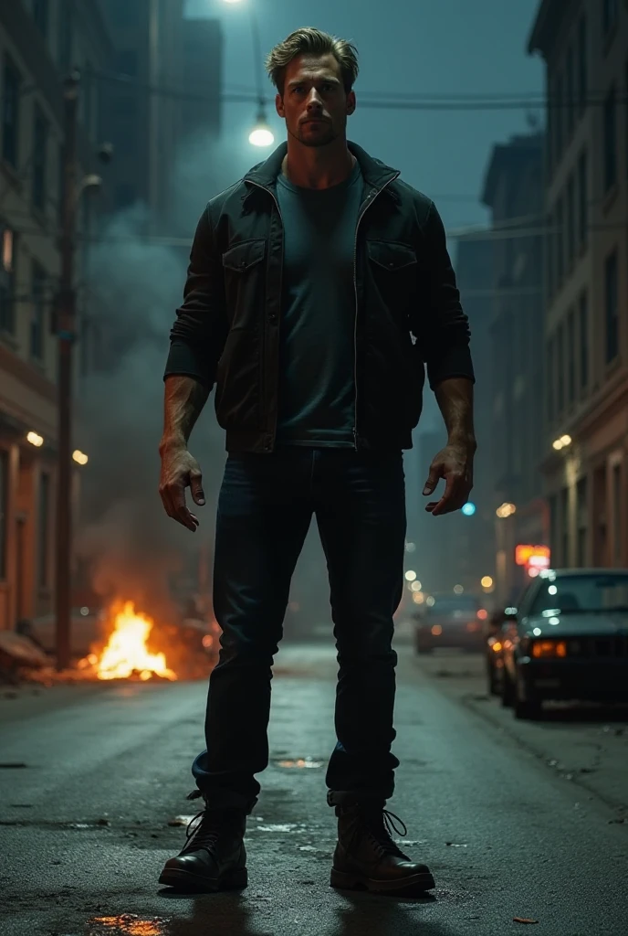 movie character the incredible hulk, showing skill, High quality image, very bright, in the middle of a destroyed and burning street, Pose 3/4, color style identical to kodak kodachrome, simulate the 1000 iso value of kodak kodachrome film, environment is from another planet, style the photo as if it were taken with an anamorphic lens, 