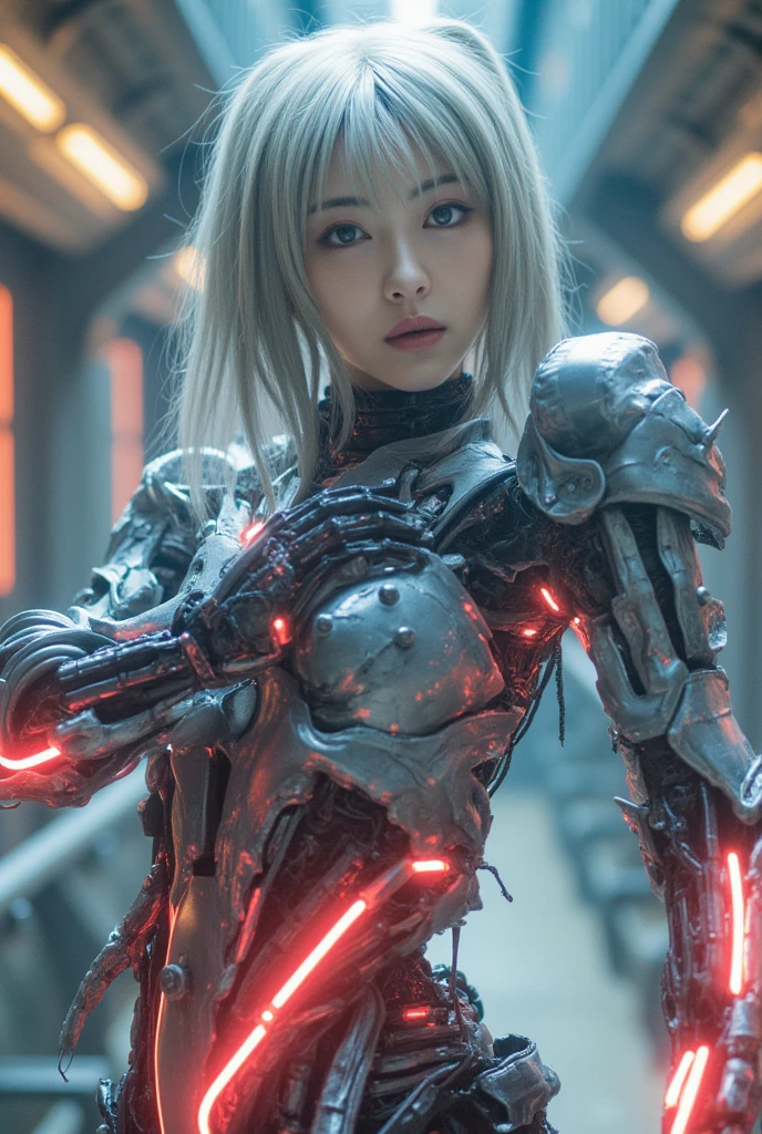 (1.Mechanical Girl)、Top quality、masterpiece、Ultra-high resolution、(Photorealistic:1.4)、original photo、1 girl、blond hair、Glowing skin、(((1.Mechanical Girl)))、（LED light mechanical helmet）、(Small LED)、((Ultra-realistic details))、porch、Global Illumination、shadow、Octan Rendering、8k、Super sharp、huge 、Bare skin is exposed in the cleavage、Metal、Intricate decorative details、Japan Details、Extremely complex details、realistic light、CG social trends、Red Eyes、Radiant eyes、face camera、Neon detail mechanical limbs)、(Blood vessels connected to tubular mechanical vertebrae connected to the back、Mechanical cervical fixator、(Wires and cables to the head)、Gundam、Small LED、,Mechanical thigh、Tustock、