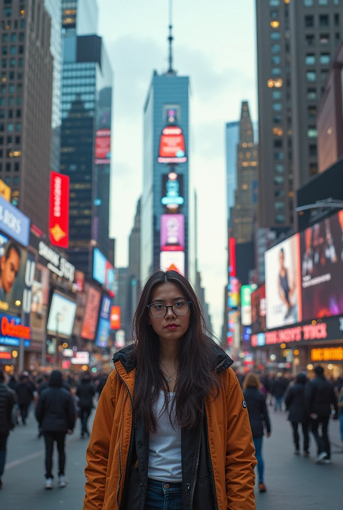 Buildings on which there are genat screens which display a girl in the middle of the street there is this girl who bugs