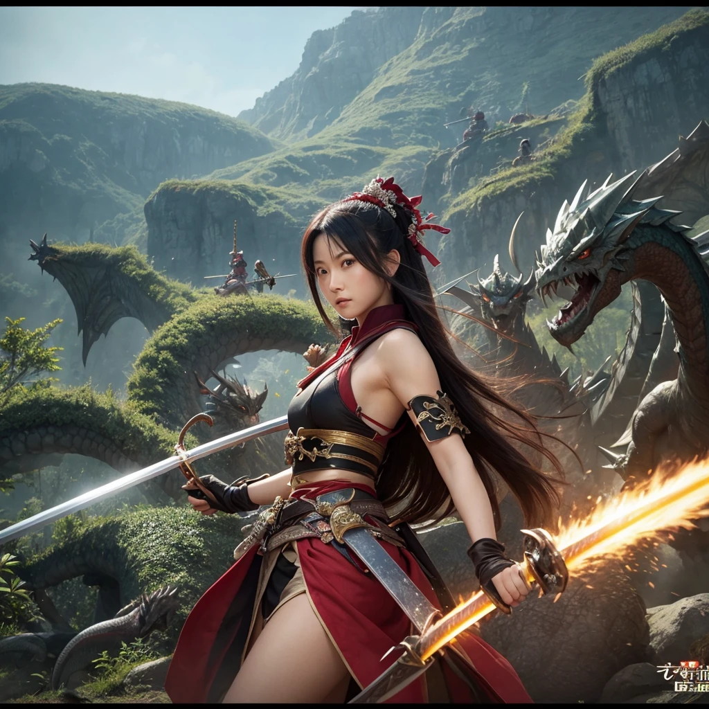 Sengoku period、pretty girl、 female swordsman、Battle with Dragons 、Flaming Sword