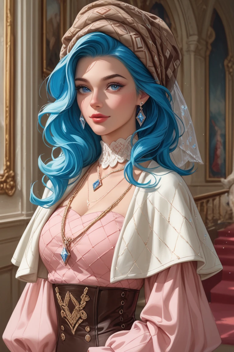2D animation, anime, women adult, big breasts (1.4), long blue fur, white eyes, baggy eyes, tired face, small face, eye bags, adult, women, mayor, medieval clothing