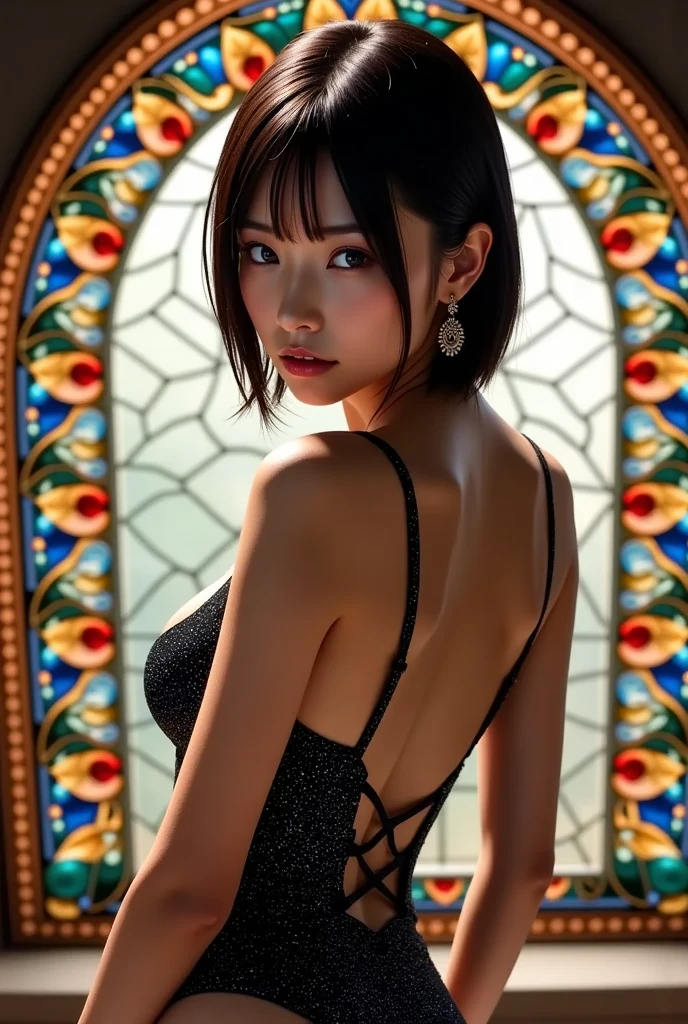 (best quality,ultra-detailed),(sexy junior idol,KAWAII face variations,absolutely beautiful details),concept art,eye-catching,back lighting,photorealistic:1.2,vivid colors,masterpiece:1.2,dynamic composition,high-definition,sharp focus,fine lines,breathtaking aesthetics,mind-blowing creativity,imaginative background,striking poses,expressive eyes,gorgeous lips,fashionable hairstyles,facial expressions,variety of outfits,unique accessories,confident attitude,sultry gazes,playful smiles,stylish makeup,artistic effects,attention to textures,perfect proportions,romantic ambience,soft and warm tones,luminous highlights and shadows, (colorful Light shines through delicate stained glass), short Bob, Gigantic Cleavage, sideboob,