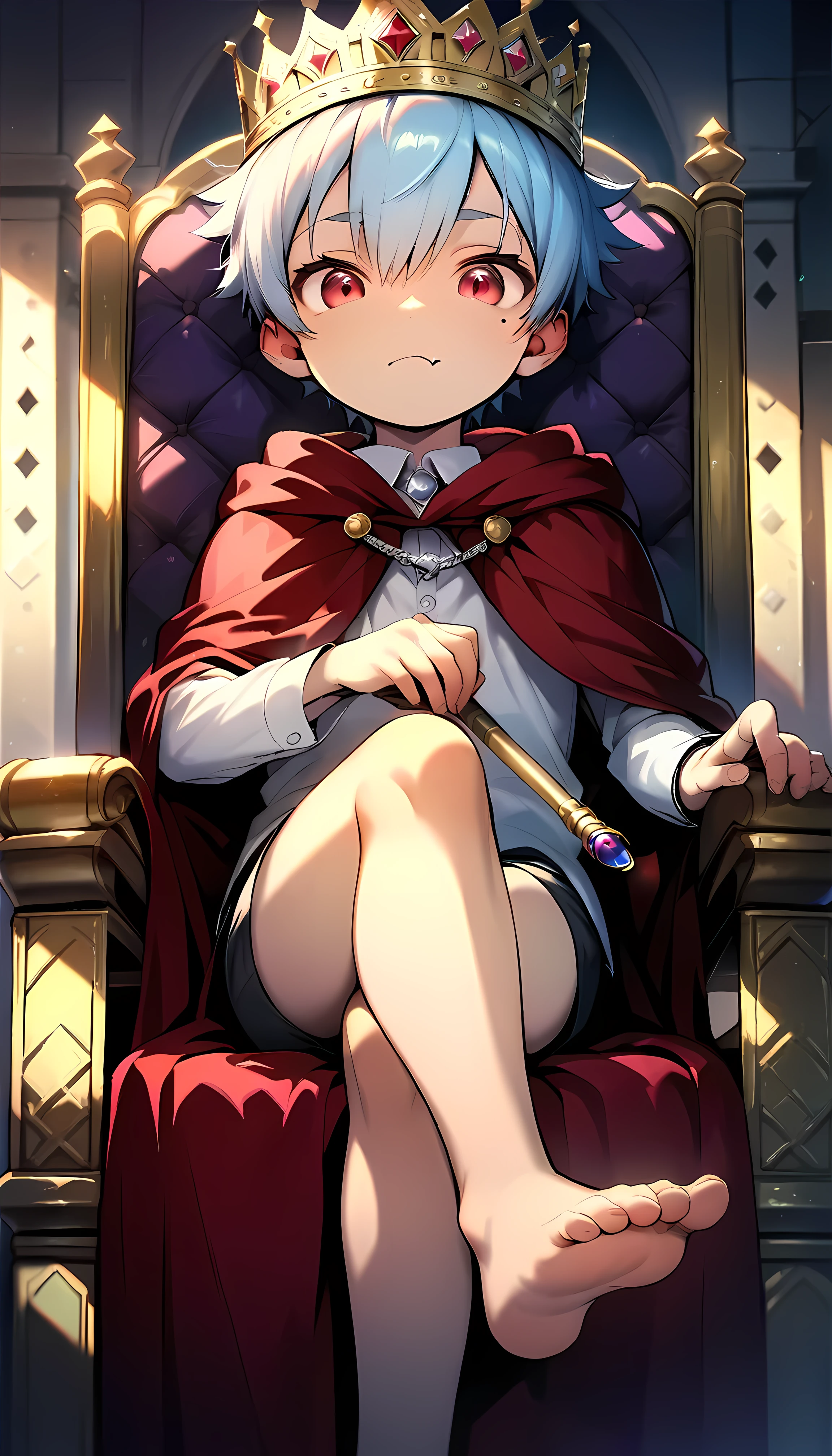 (score_9, score_8_up), realistic face, (perfect face), (detailed face:1.3), (detailed eyes:1.3), (cute eyes), (shiny eyes), (masterpiece eyes), (cute face:1.2), (1 boy), (shota:1.5), (sitting on king chair:1.3), (leg crossed:1.3), (barefoot:1.2), (right hand holding sceptre:1.2), (purple shining stone on top of scepter:1.2), (crown on head), (diamond on crown), BREAK (red cloak:1.3), (white fur), (gold dress shirts), (black short pants:1.3), BREAK (light blue hair), (wine red eyes:1.2), (black irises), (eyes with highlight:1.2), (mole under eye), fang, (serious), BREAK (castle palace:1.3), (black king chair), (soft white lighting:1.2), (sunburst), (silver necklace), (look at viewer), (soft natural lighting), from below,