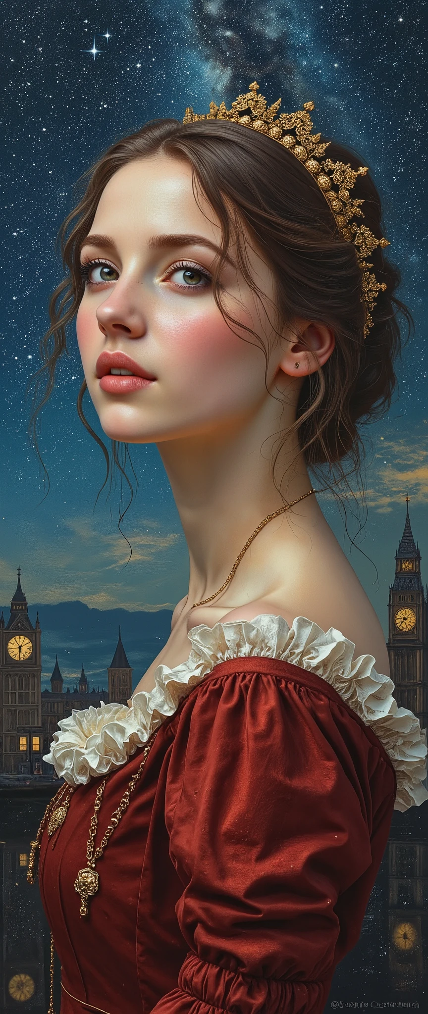 highdefinition images、night sky looking at the Milky Way galaxy、Oil painting、daughter of a famous medieval European family、top quality、shape、very detailed、finely、high resolution、8K wallpaper、Dynamic Shape、 beautiful delicate eyes、natural lips、long eyelashes、濃い化粧、smile、take a picture of her in a red dress、Face Details、全身high resolution画像、全身high resolution写真、camera、take a picture of her in a dark blue dress{x}take a picture of her in a dark blue dress on her back、Wear a dress、while taking a big view of medieval London、Background。