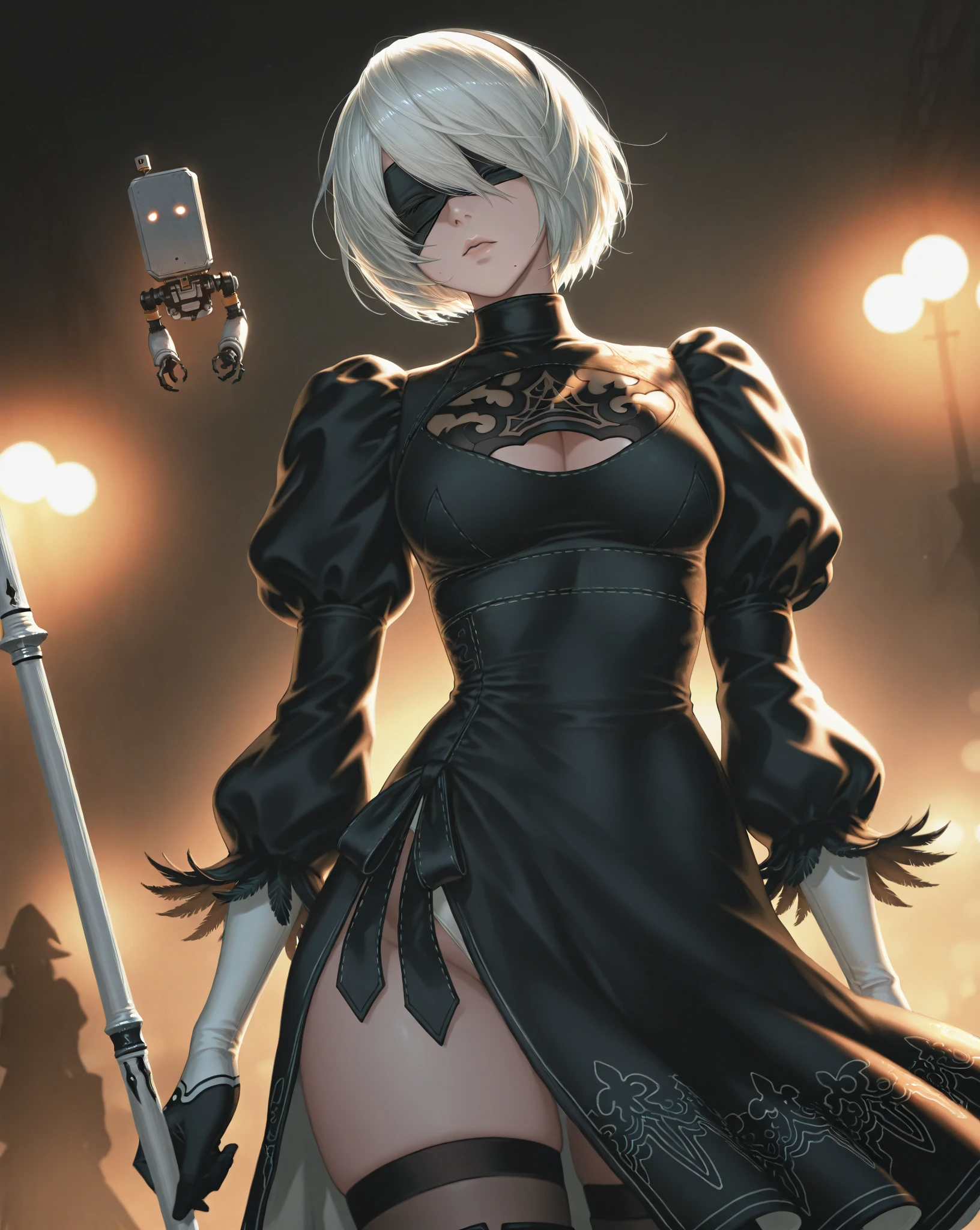 yorha 2B, Nier automata, mature woman, white hair, mature body, curvy body, battle damaged, looking up at viewer, front view, 